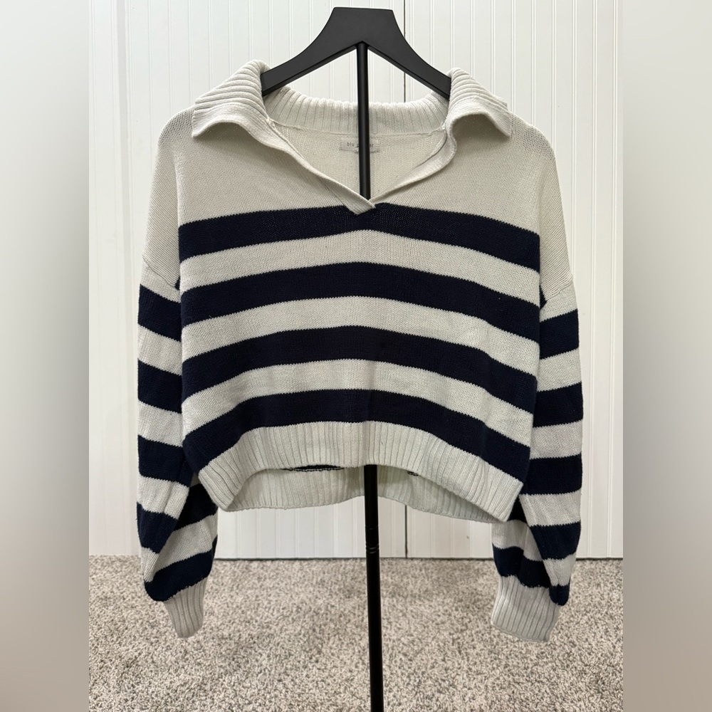 Blu Pepper Navy and Cream Striped V-Neck Sweater